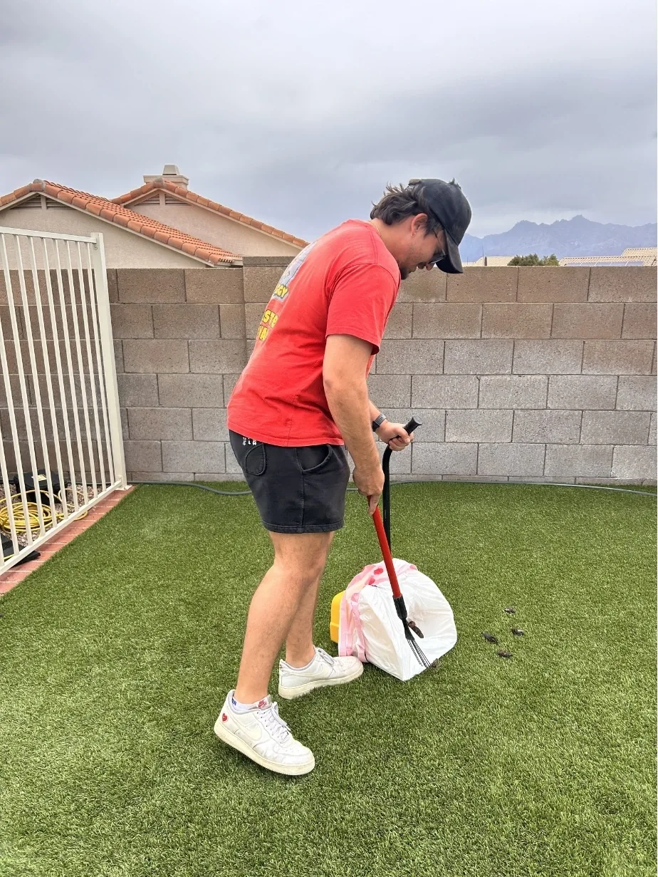 Scoop Doggy Logs team member scooping a Tucson backyard