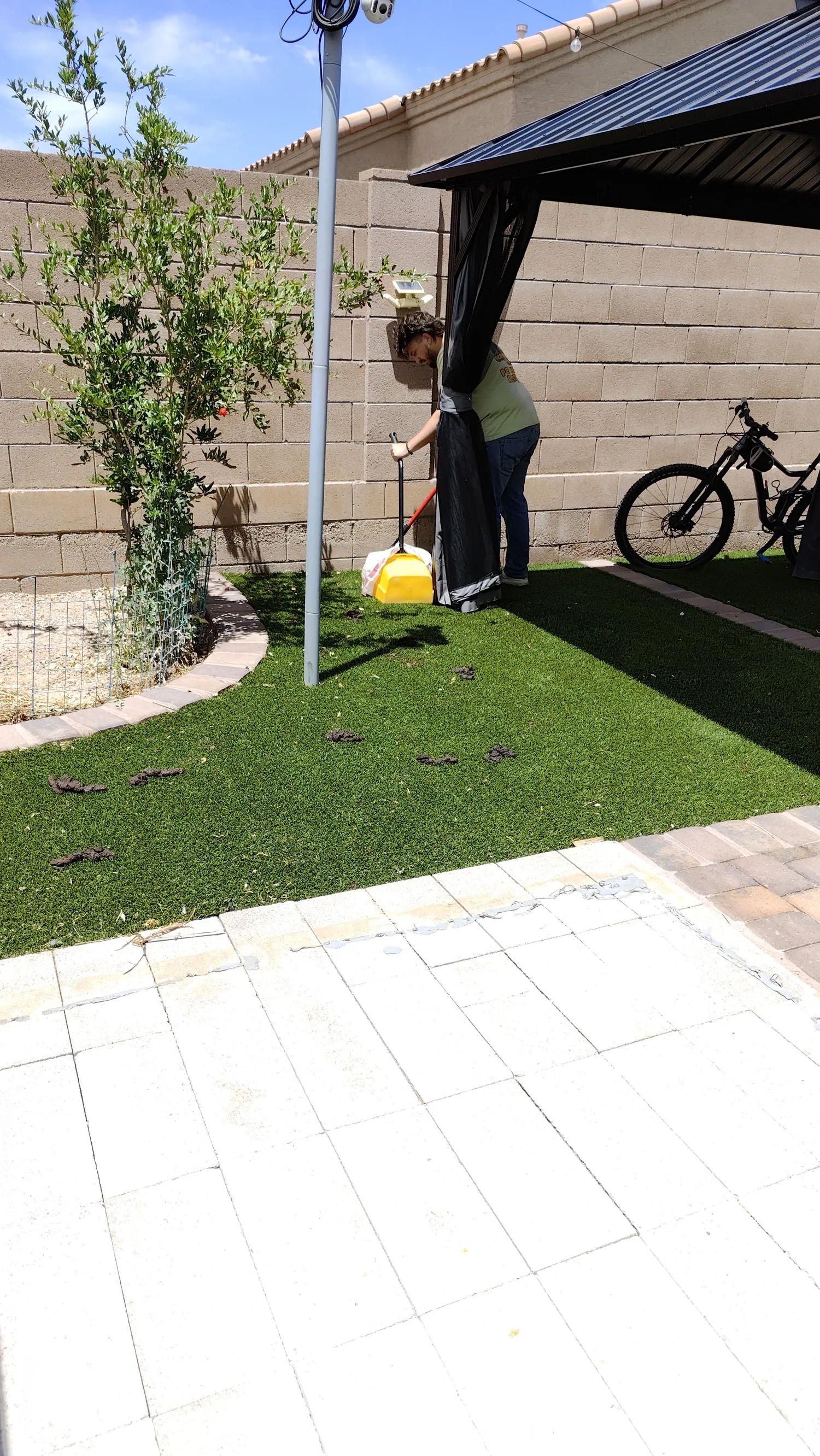 Scoop Doggy Logs team member handling dog poop cleanup in a backyard