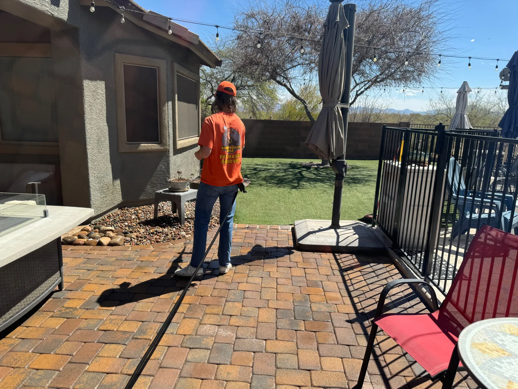 Scoop Doggy Logs team member sanitizing a Tucson paver and turf yard